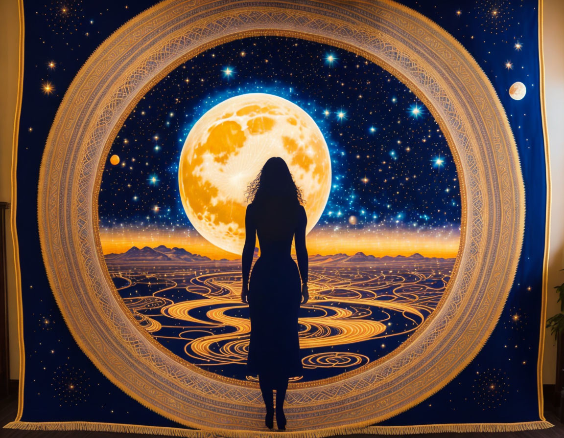 Silhouette of woman against moon and stars tapestry