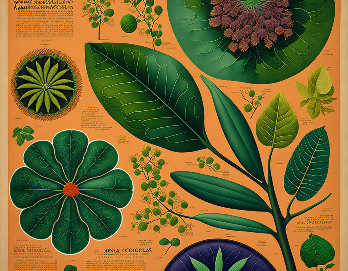 Botanical Illustration Poster Featuring Green Plants and Scientific Annotations