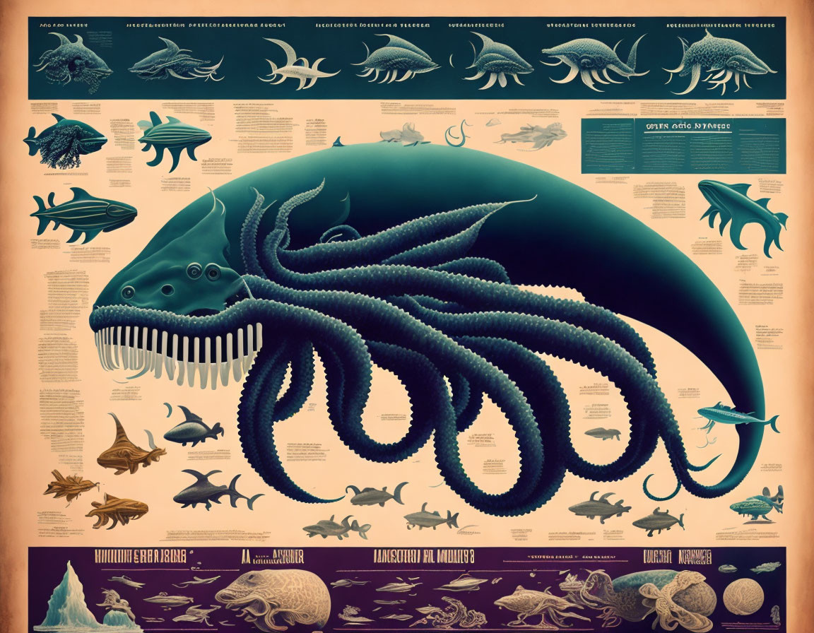 Detailed Sea Creatures Chart with Giant Octopus & Labeled Fish