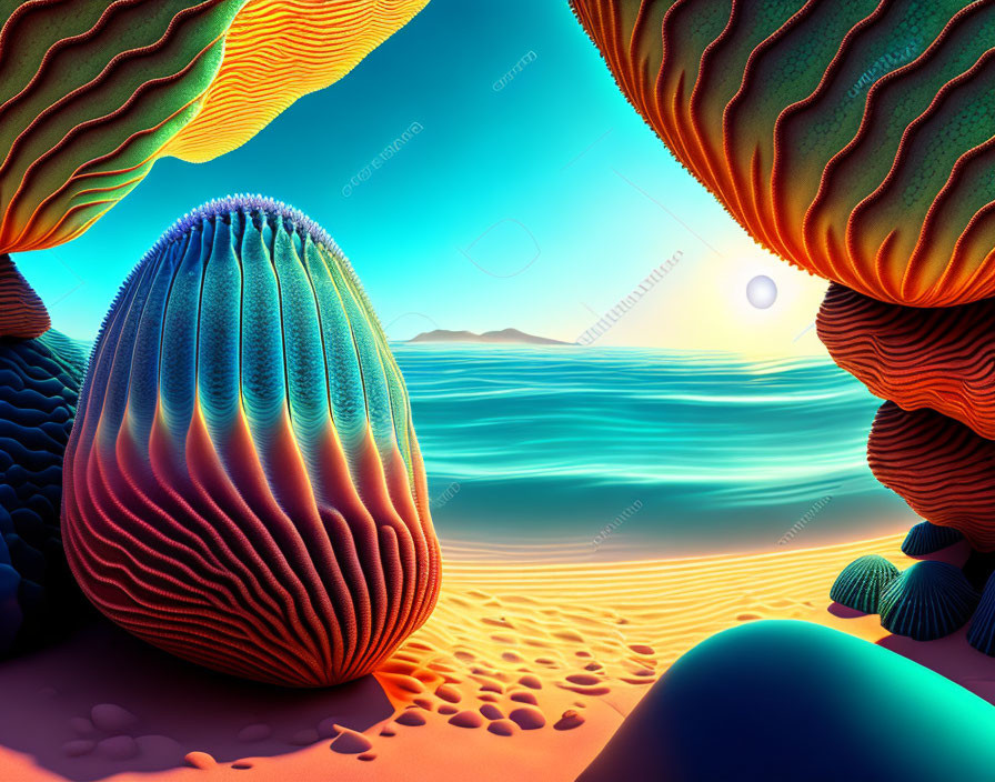 Colorful digital artwork: surreal landscape with textured hills, serene sea, and sunset sky