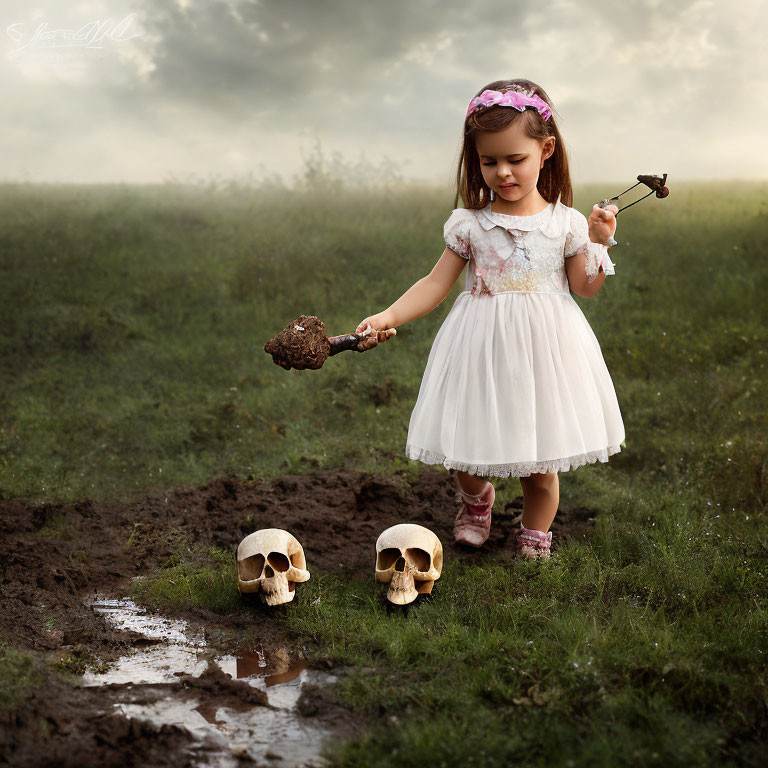 Young girl in white dress with pink boots holding teddy bear's head near skulls and puddles on