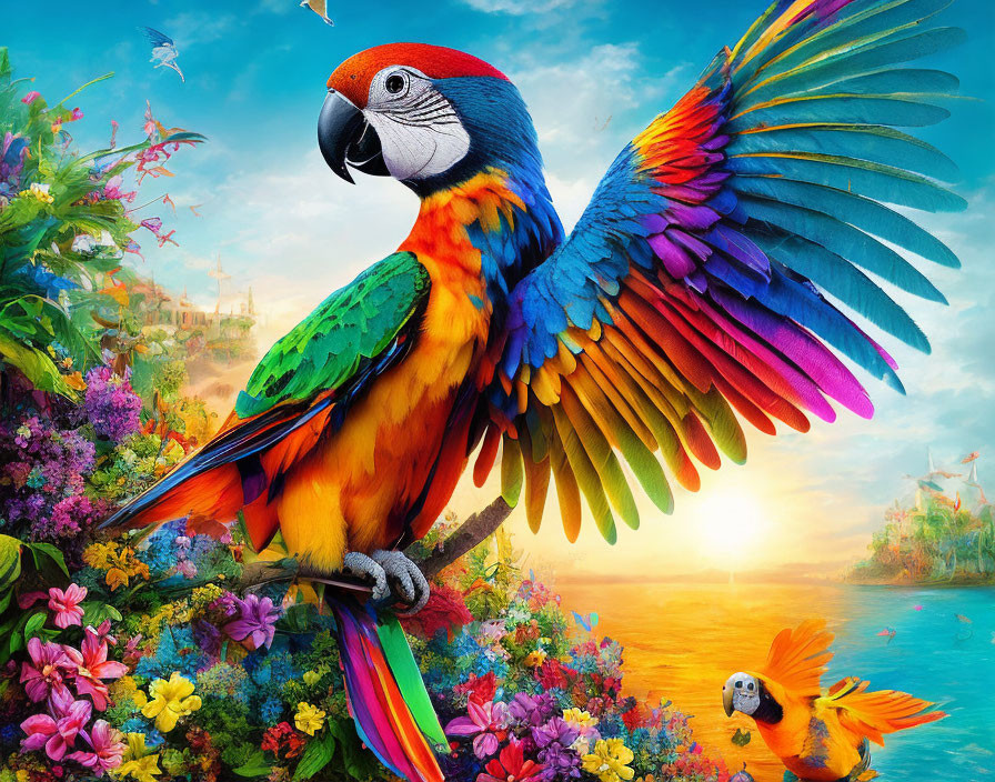 Colorful Scarlet Macaw Perched on Branch with Sunset Background