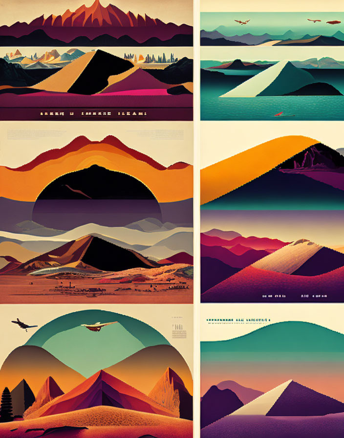 Stylized desert landscape illustrations with mountains, sand dunes, sun or moon in warm and cool