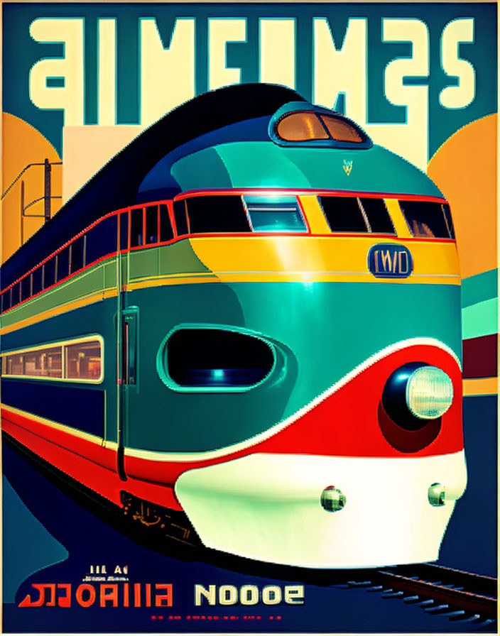 Streamlined train vintage-style travel poster with vibrant colors and art deco typography