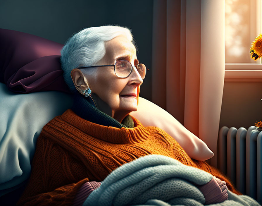 Elderly woman in glasses and orange sweater looks out window beside sunflower