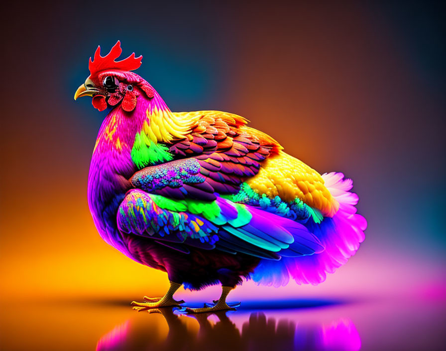 Colorful Rooster on Gradient Background Reflecting Below