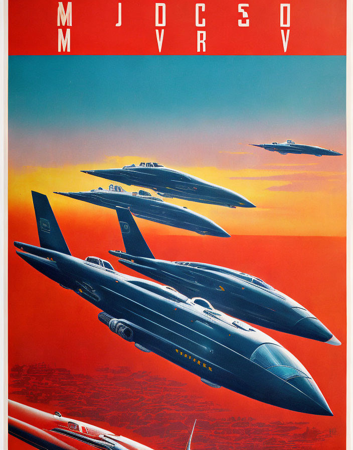 Retro-futuristic aircraft formation poster with fiery sunset sky