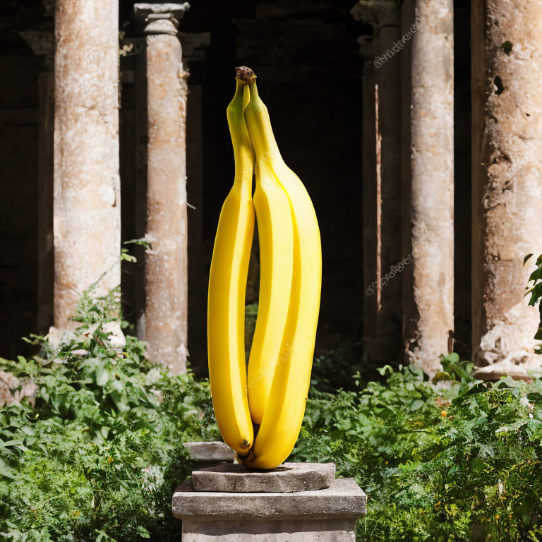 Elongated banana sculpture on pedestal with classical columns and greenery