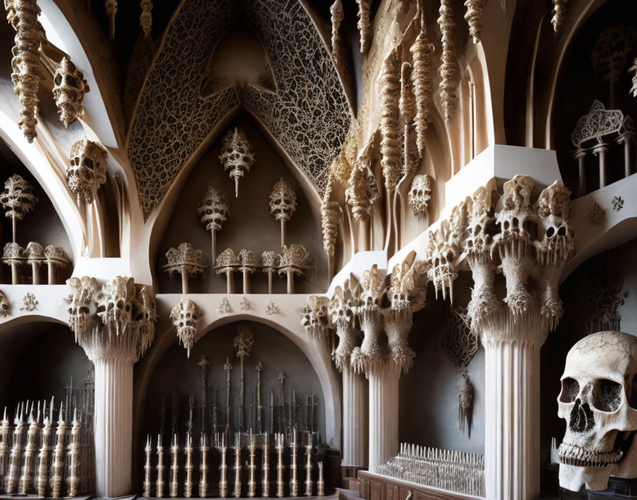 Intricate bone decorations adorn chapel interior