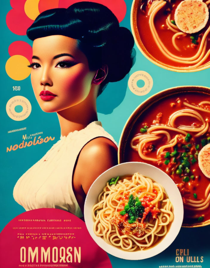 Stylized image of woman with Asian makeup and noodles bowls