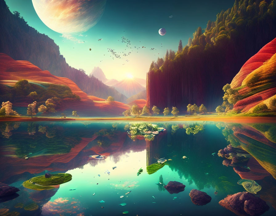 Colorful surreal landscape with rolling hills, serene lake, towering trees, and large planet.