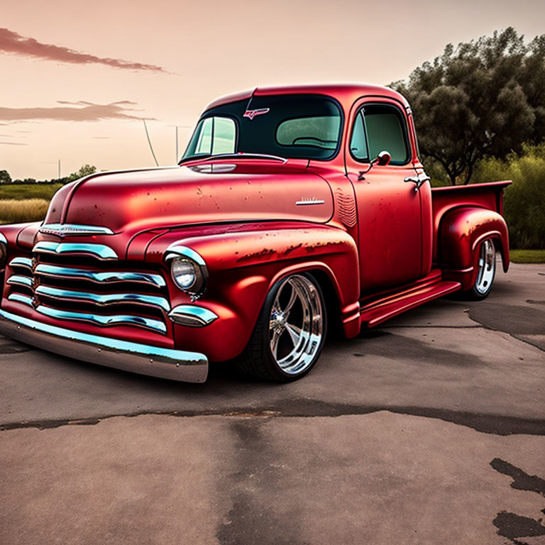 Classic Red Pickup Truck with Chrome Accents and Custom Wheels Outdoors at Dusk