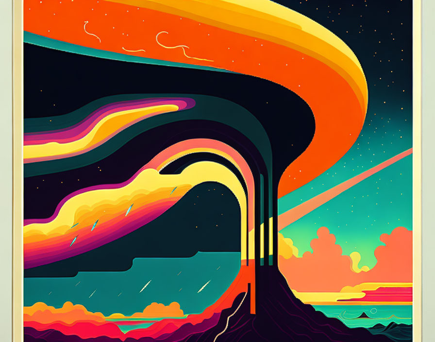 Vibrant surreal artwork: colorful landscape under starry sky