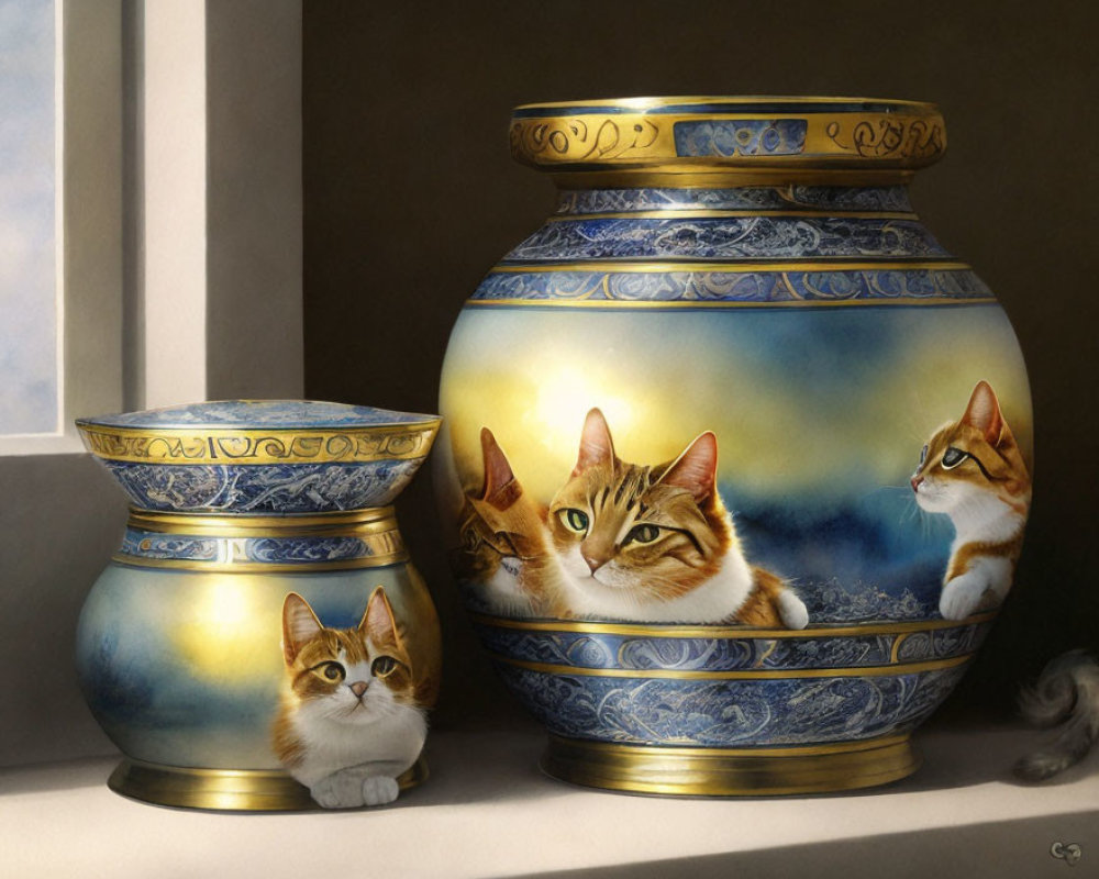 Ornate vases with cat designs and realistic cat patterns side by side