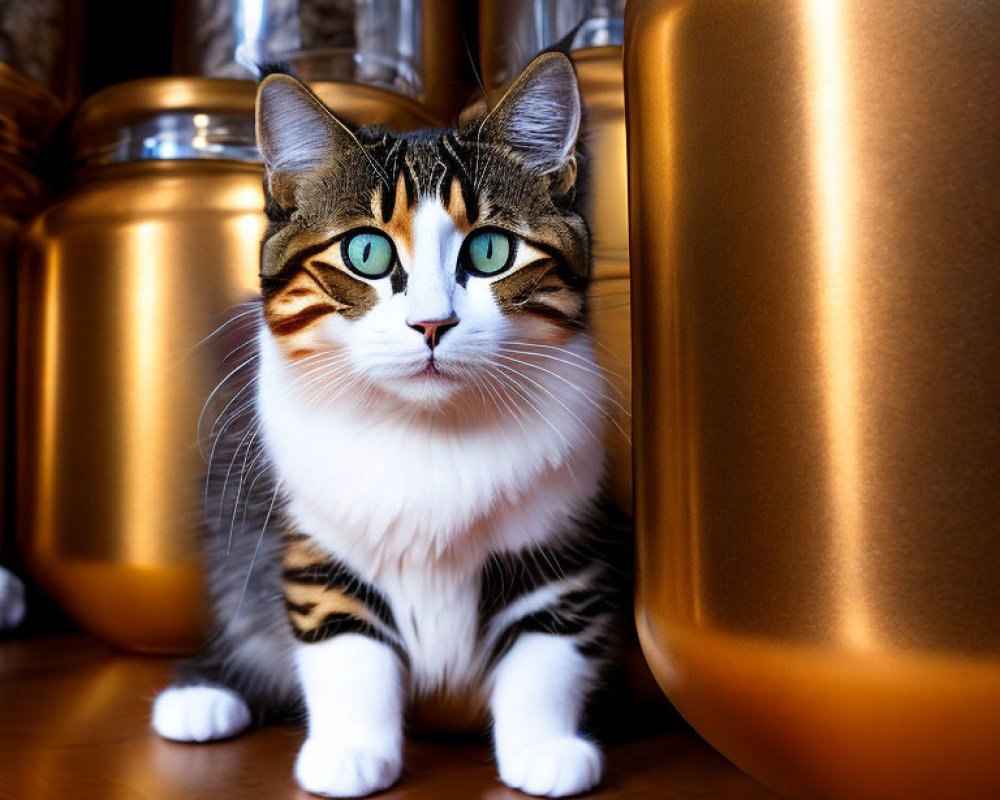 Tabby Cat with Green Eyes Between Golden Canisters on Wooden Surface