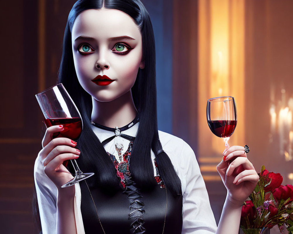 Gothic-style girl with pale skin, black hair, green eyes, holding wine glasses, orn