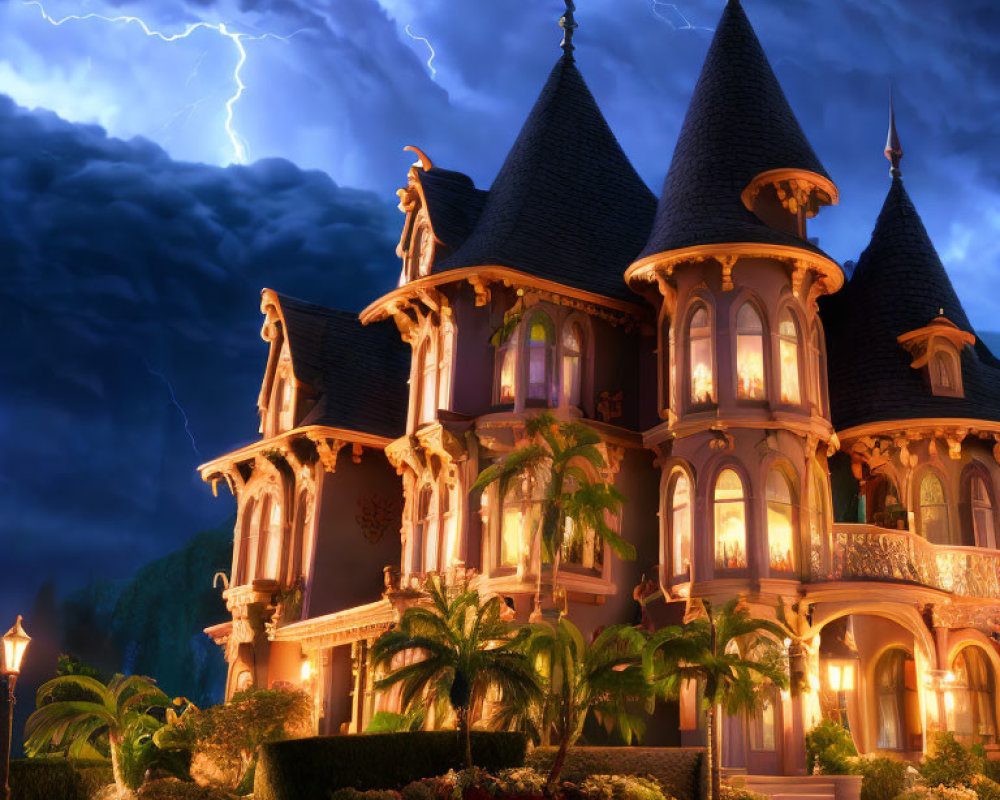 Victorian mansion with lightning in stormy dusk scene