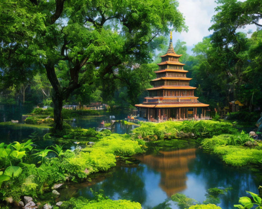 Serene multi-tiered pagoda by reflective pond in lush greenery