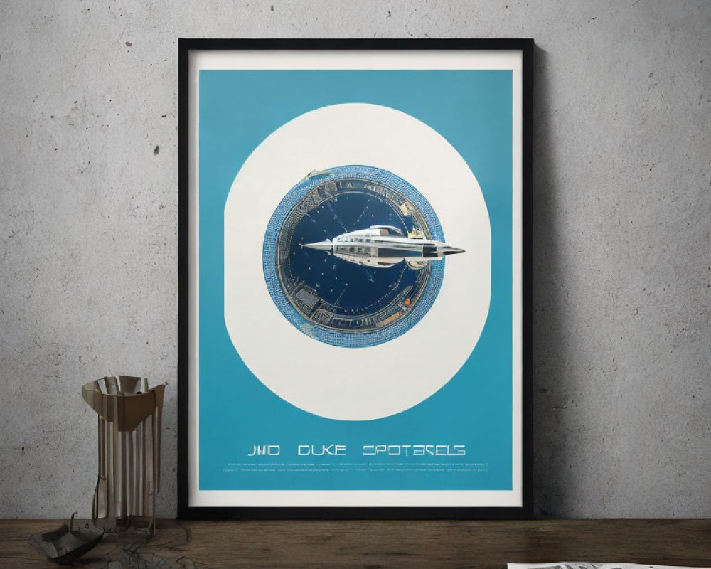 Circular space station poster with model spaceship and scattered papers on wall