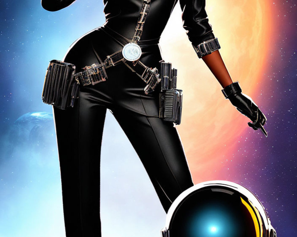 Futuristic black suit person with gadgets in cosmic setting