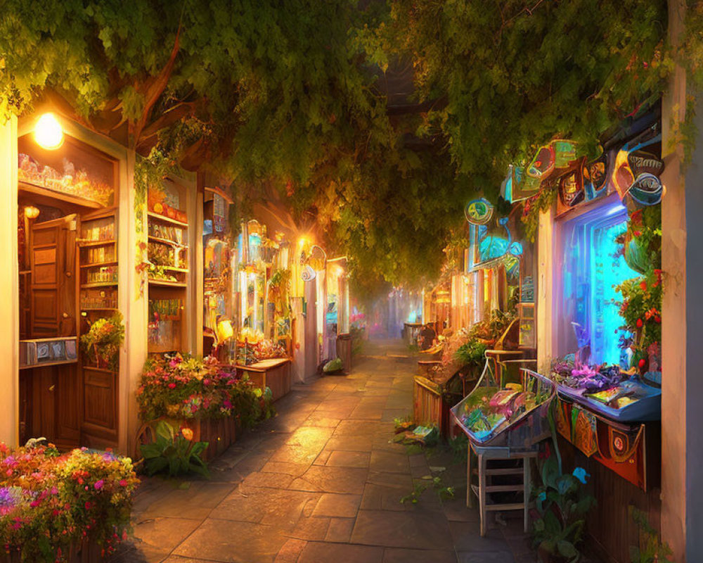 Twilight alley with vibrant flowers and cozy shopfronts