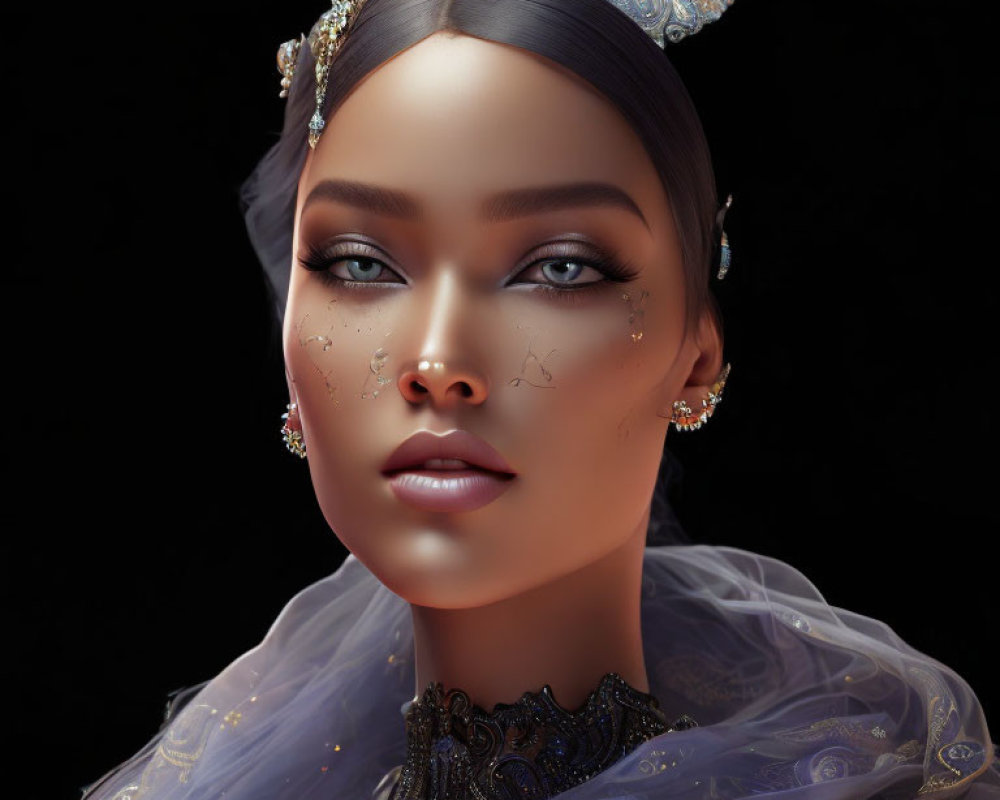 Elaborate headdress and sparkling makeup in digital portrait