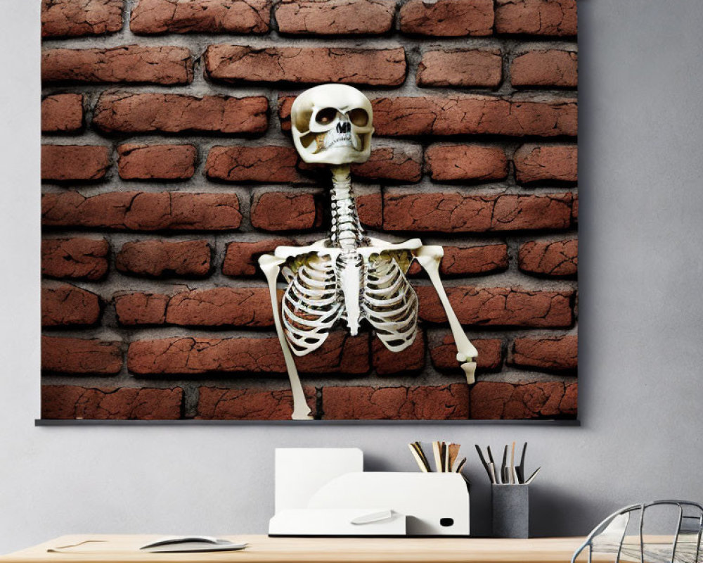 Human skeleton poster displayed in modern workspace with computer and office supplies