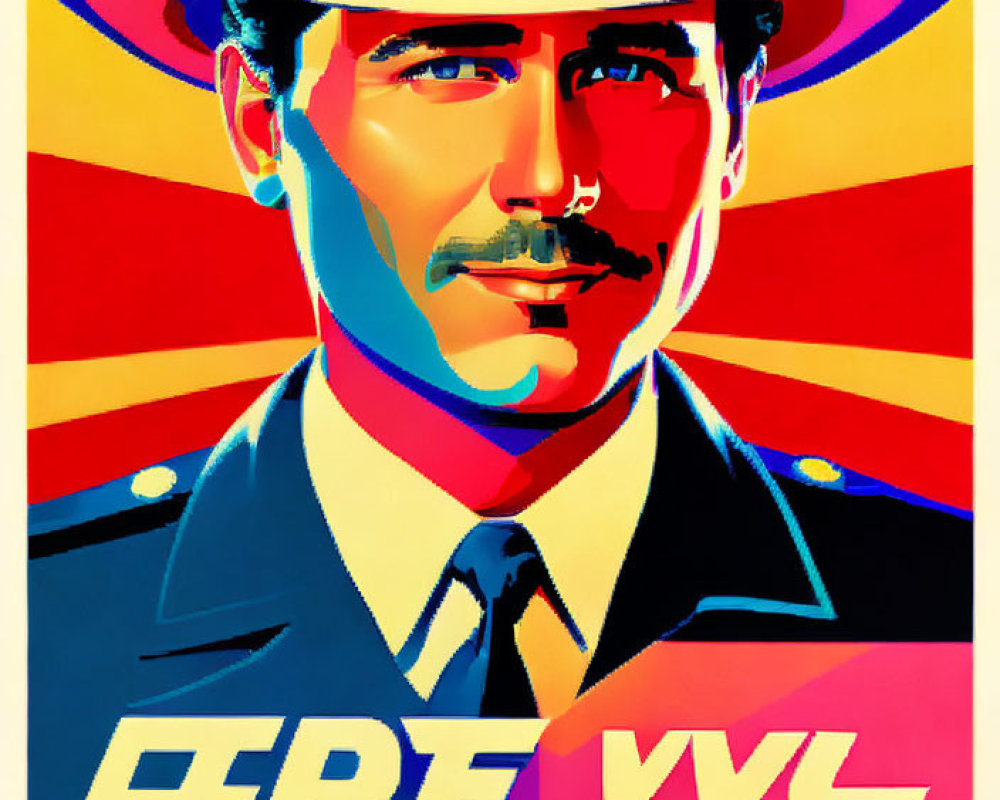 Colorful, stylized poster of a man in suit, hat, and tie with propaganda-style text