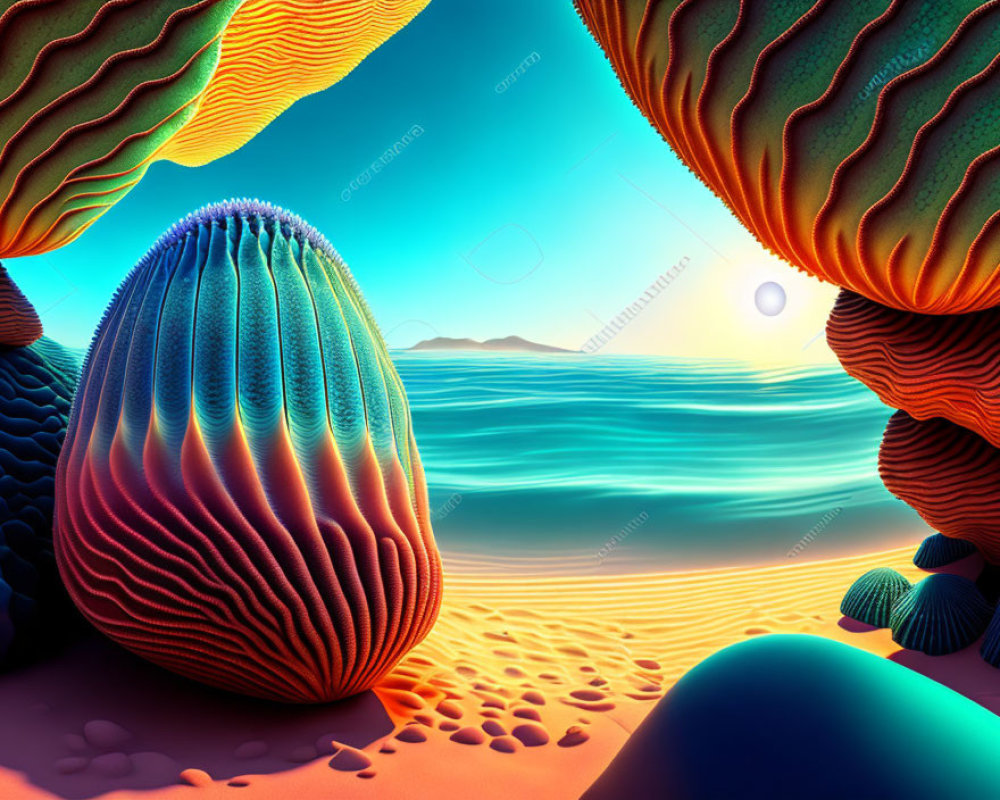 Colorful digital artwork: surreal landscape with textured hills, serene sea, and sunset sky