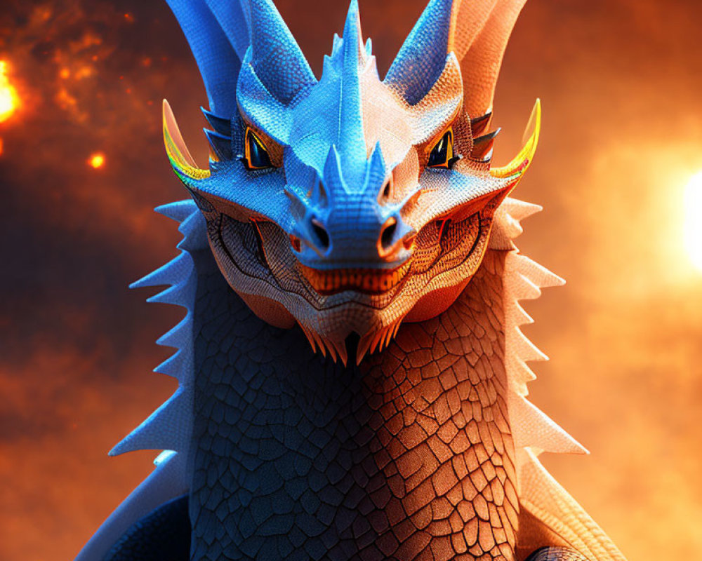 Detailed 3D Rendering of Majestic Blue Dragon with Golden Eyes