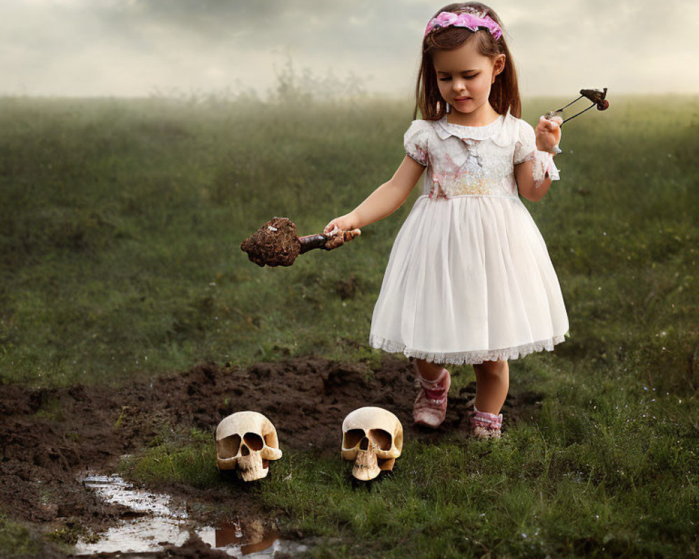 Young girl in white dress with pink boots holding teddy bear's head near skulls and puddles on