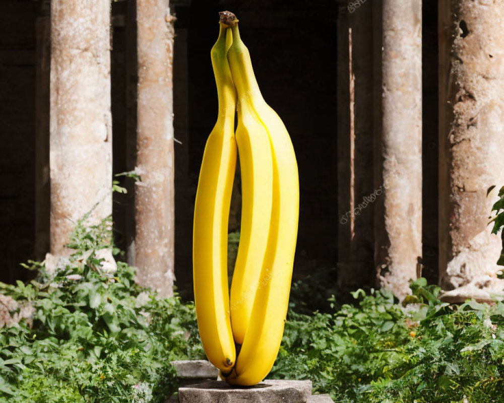 Elongated banana sculpture on pedestal with classical columns and greenery