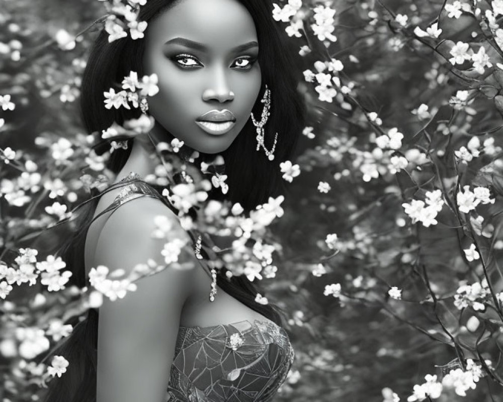 Monochrome portrait of a woman with tiara and earrings among blooming flowers