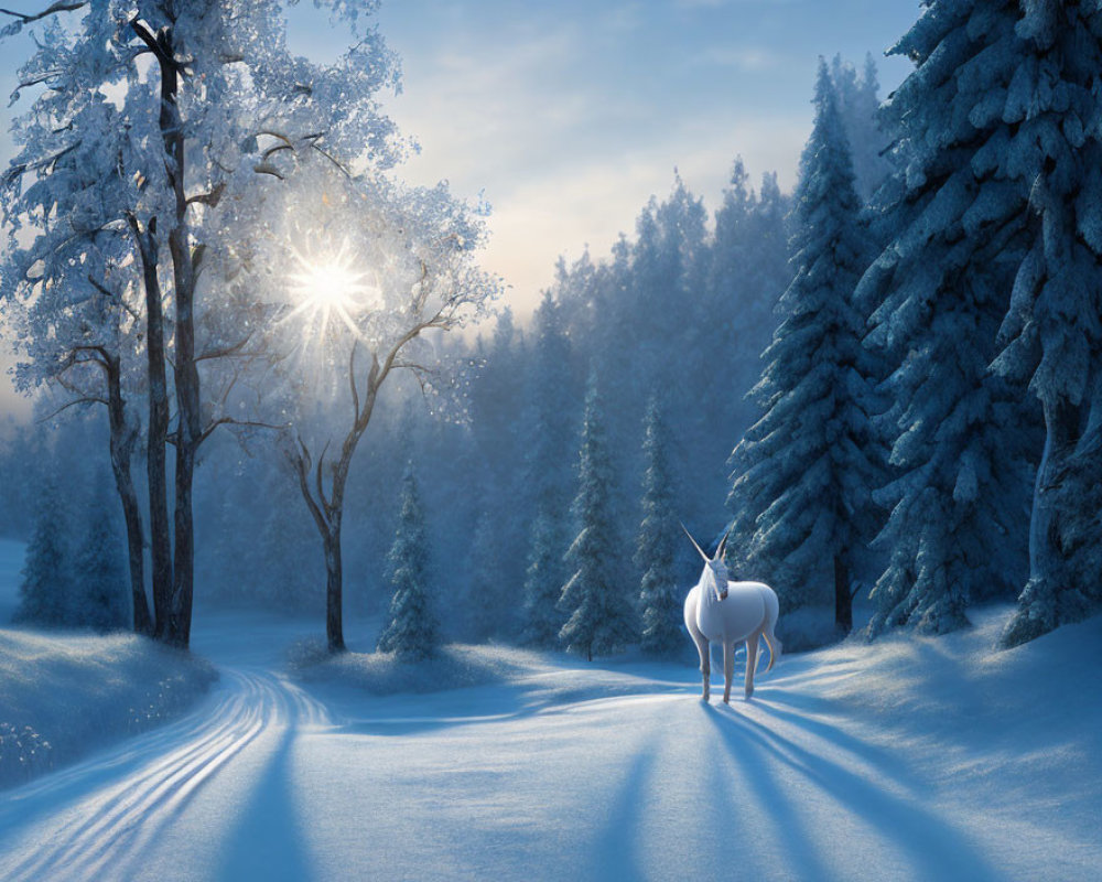 White Unicorn in Snowy Forest Glade with Sun Rays