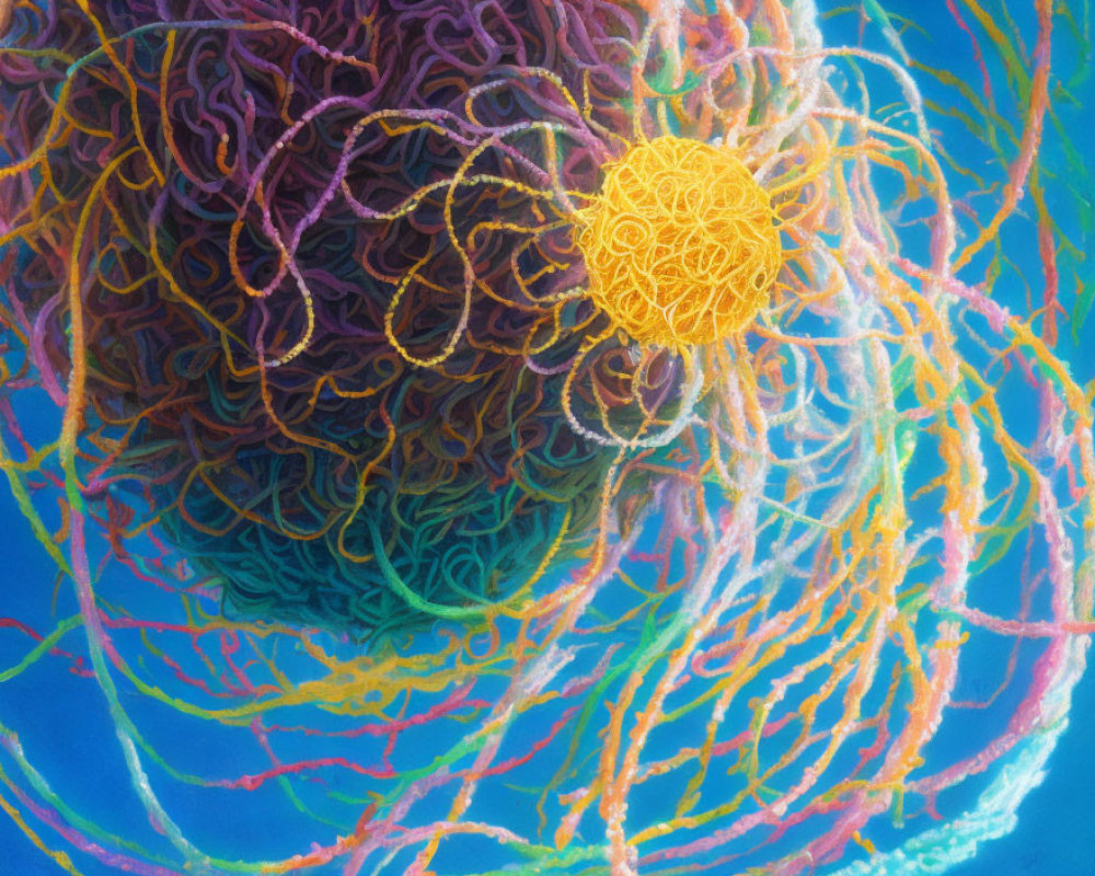 Colorful Pastel Artwork: Chaotic Tangle of Threads on Blue Background