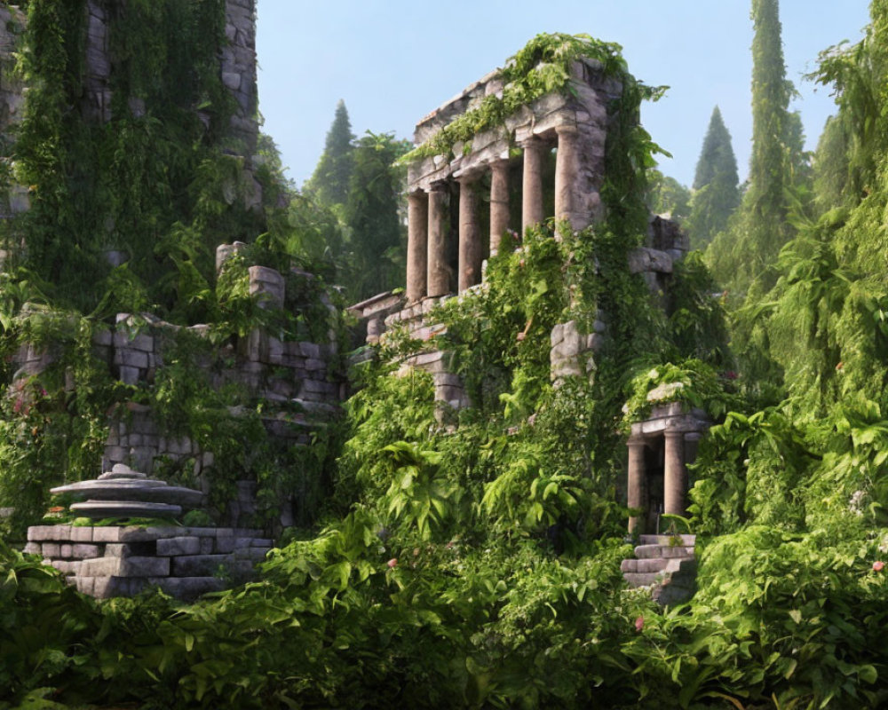 Ancient stone temple reclaimed by lush greenery in serene forest