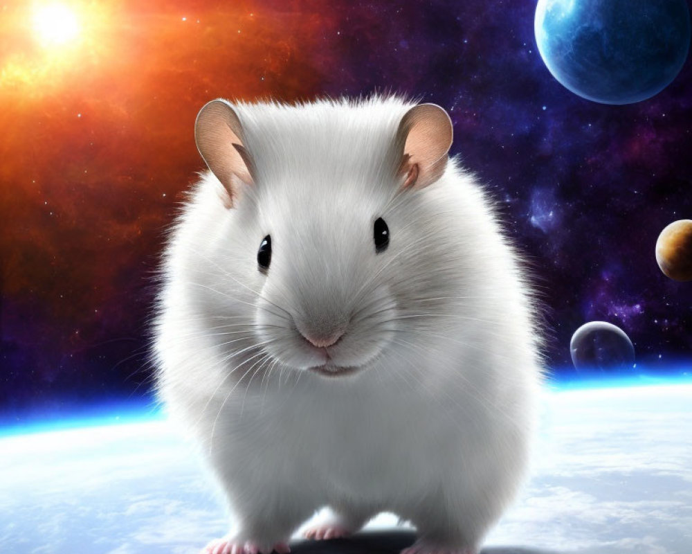 Fluffy white hamster in cosmic setting with vibrant planets.