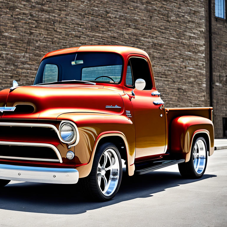 Vintage orange and black pickup truck with chrome wheels parked by brick wall