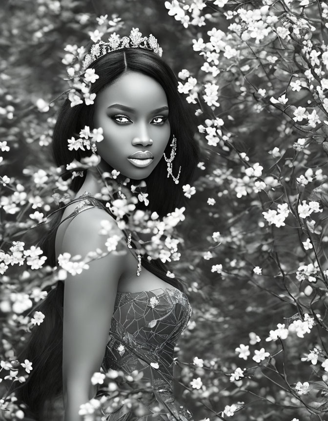 Monochrome portrait of a woman with tiara and earrings among blooming flowers