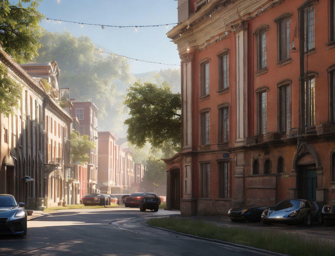 Sunlit urban street scene with historical buildings and parked cars