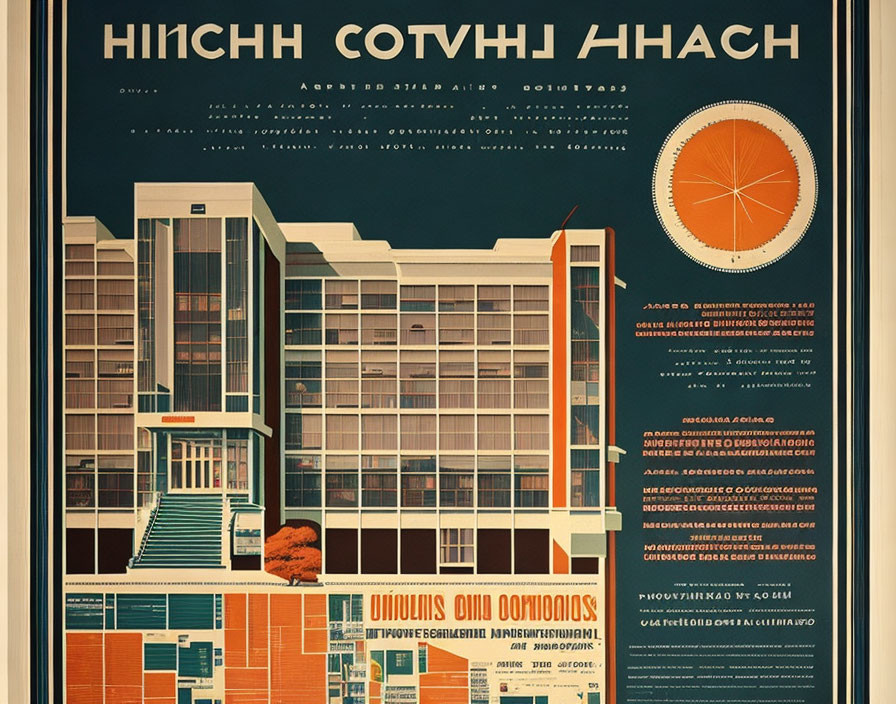 Vintage-style poster with modern building graphic, Cyrillic text, and orange accents.