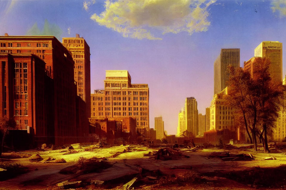 Desolate post-apocalyptic urban landscape with damaged roads and abandoned buildings