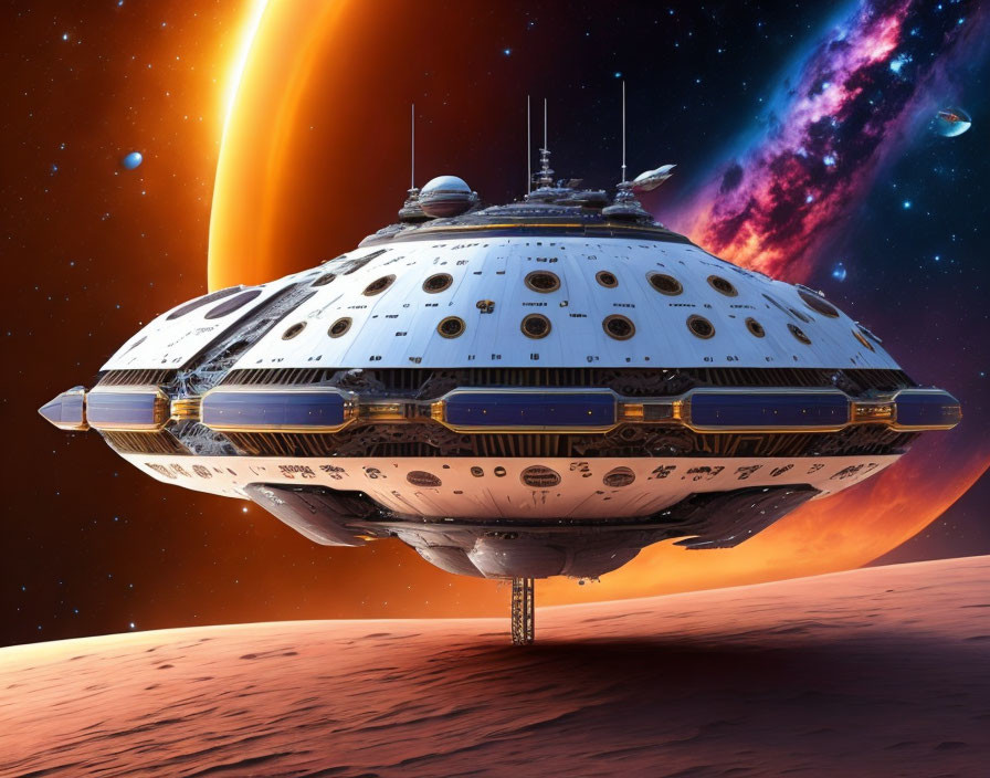 Futuristic spaceship with dome lands on alien planet under bright sky