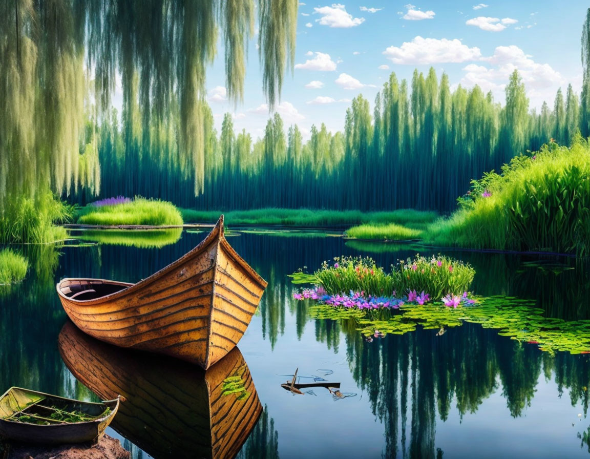 Tranquil landscape with wooden boat, lush greenery, willow trees, and vibrant flowers