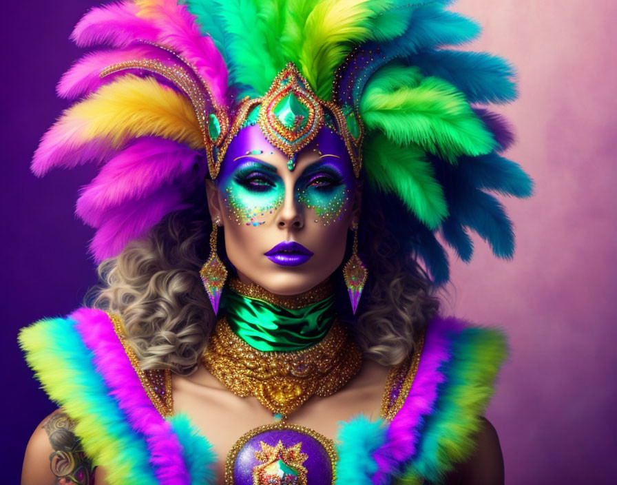 Colorful Carnival Outfit with Feathered Headdress and Face Makeup