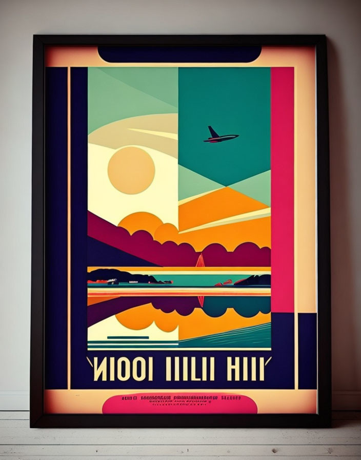 Vintage-style travel poster with abstract geometric shapes, sun, plane, and ocean.