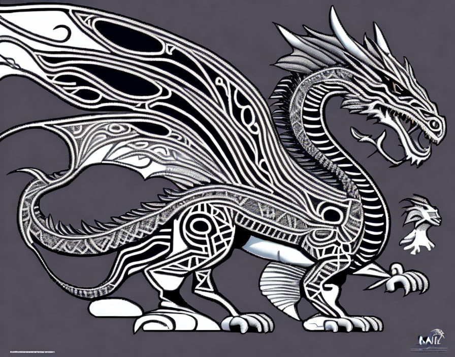 Detailed Black and White Tribal Dragon Art on Grey Background