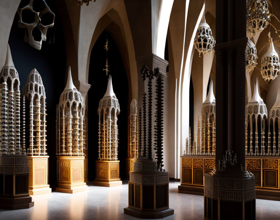 Gothic interior with skull decor and chandeliers