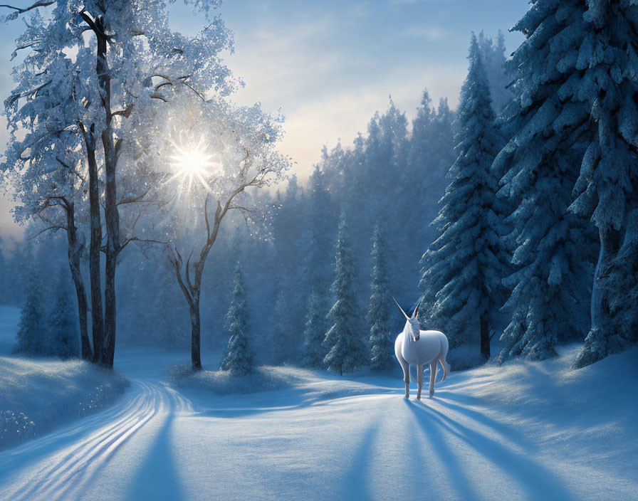 White Unicorn in Snowy Forest Glade with Sun Rays