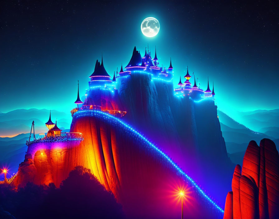 Vibrant fantasy night landscape with illuminated castle, full moon, and neon lights